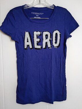 Aeropostale Sparkle Sequin Blue Logo Short Sleeve Womens Top Medium Shirt